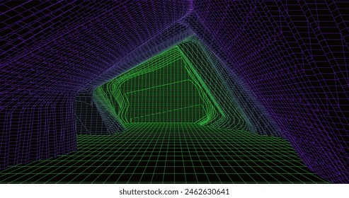 Wire low poly frame of a futuristic corridor or tunnel, consisting of lines and polygons in neon color on a black background. vector illustration.