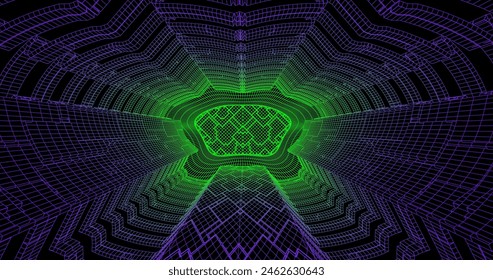 Wire low poly frame of a futuristic corridor or tunnel, consisting of lines and polygons in neon color on a black background. vector illustration.