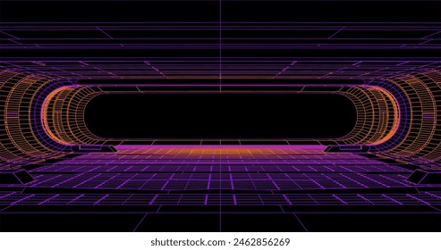 Wire low poly frame of a futuristic corridor or tunnel, consisting of lines and polygons in neon color on a black background. vector illustration.