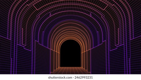 Wire low poly frame of a futuristic corridor or tunnel, consisting of lines and polygons in neon color on a black background. vector illustration.