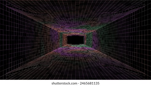 Wire low poly frame of a futuristic corridor or tunnel, consisting of lines and polygons in neon color on a black background. vector illustration.