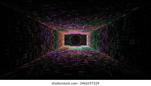 Wire low poly frame of a futuristic corridor or tunnel, consisting of lines and polygons in neon color on a black background. vector illustration.