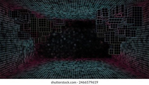 Wire low poly frame of a futuristic corridor or tunnel, consisting of lines and polygons in neon color on a black background. vector illustration.