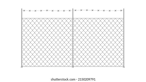 Wire mesh fence template with barbed wire. Seamless pattern. Mockup isolated on white background. vector illustration