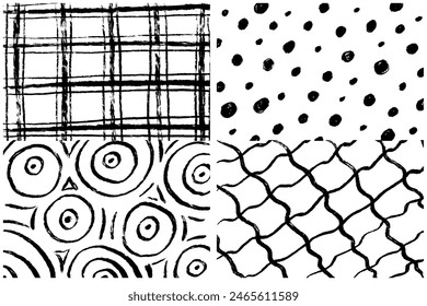 Alambre, malla, tela escocesa, círculo y puntos Vector patrones sin fisuras establecidos. Patrón de agitación para el diseño de sirena. Doodle Ilustración vectorial de bocetos. 