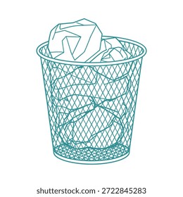 Un cubo de basura de malla de alambre lleno de papel arrugado
