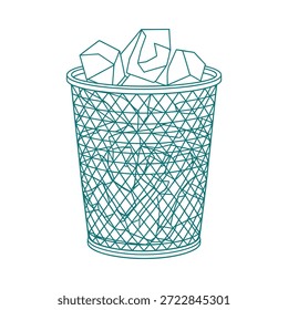 Cubo de basura de malla de alambre lleno de papel arrugado