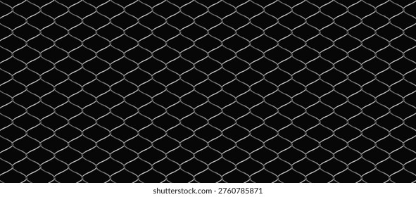 Wire net fence vector realistic illustration. Chain link fence mesh pattern with metal texture. Industrial background. Gray metallic fencing material, steel security barrier on black background