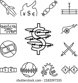 icono de estilo de esquema de signo de dólar en una colección con otros elementos