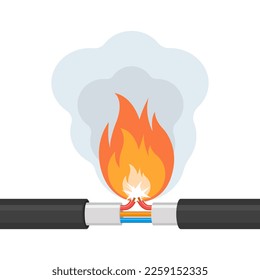 El cable está en llamas. Cableado de lucha contra incendios. Cable dañado defectuoso. Fuego por sobrecarga.