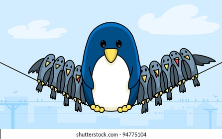 Wire penguin. A penguin is sitting on the wires. Funny cartoon illustration.