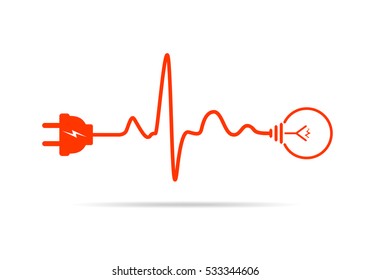 Wire plug and light bulb flat icon. Vector illustration. Plug, light bulb and cord in the form of heartbeat. Concept of Electricity and lighting.