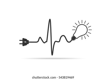 Wire plug and light bulb flat icon. Vector illustration. Plug, light bulb and cord in the form of heartbeat. Concept of Electricity and lighting.