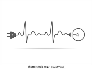 Icono plano de la lámpara y del enchufe de cables. Ilustración vectorial. Tapón, bombilla y cable en forma de latido cardíaco. Concepto de electricidad e iluminación.