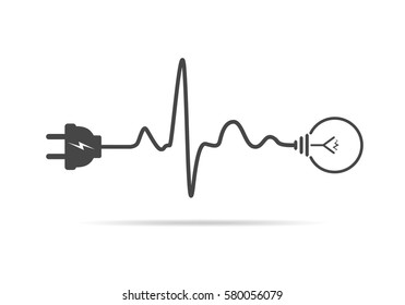 Icono plano de la lámpara y del enchufe de cables. Ilustración vectorial. Enchufe, bombilla y cable en forma de latido cardíaco. Concepto de electricidad e iluminación.