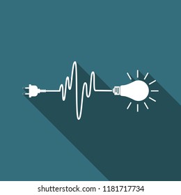 Wire plug and light bulb icon isolated with long shadow. Plug, lamp and cord in the form of heartbeat. Concept of Electricity and lighting. Flat design. Vector Illustration