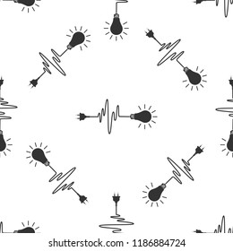 Wire plug and light bulb icon seamless pattern on white background. Plug, lamp and cord in the form of heartbeat. Concept of Electricity and lighting. Flat design. Vector Illustration