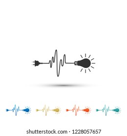 Wire plug and light bulb icon isolated on white background. Plug, lamp and cord in the form of heartbeat. Concept of Electricity and lighting. Set elements in colored icons. Vector Illustration