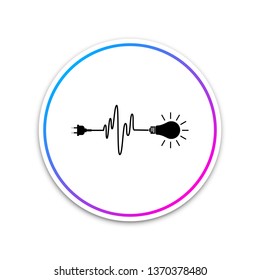 Wire plug and light bulb icon isolated on white background. Plug, lamp and cord in the form of heartbeat. Concept of Electricity and lighting. Circle white button. Vector Illustration