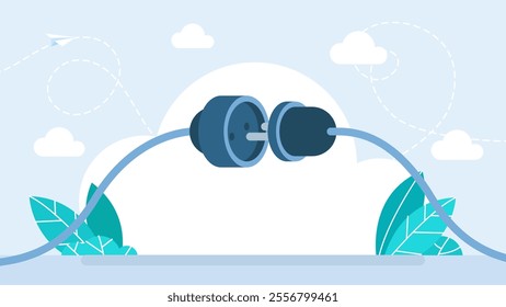 Wire plug and socket. Electricity plug and socket isolated on white background. Concept of connection, disconnection, electricity. Vector illustration