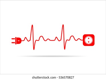 Wire plug and socket flat icon. Vector illustration. Plug, socket and cord in the form of heartbeat. Concept of connection and disconnection of the electricity.