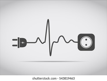 Wire plug and socket flat icon. Vector illustration. Plug, socket and cord in the form of heartbeat. Concept of connection and disconnection of the electricity.