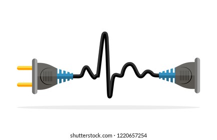 Wire plug and socket icon. Vector illustration. Plug, socket and cord in the form of heartbeat.