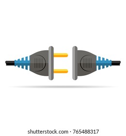 Wire plug and socket, isolated on white background. Vector illustration. Wire plug and socket in flat design