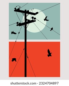 Poste de alambre con diseño de afiches de pájaros. Fondo vectorial de la barra de cables. Diseño de afiches. Imprimir. Poste eléctrico de silueta con pájaros. Colores geniales