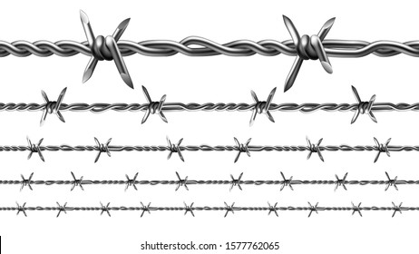 Wire Of Prison Fence Seamless Pattern Set Vector. Type Of Steel Fencing Wire Chain Constructed With Sharp Edges Arranged At Intervals Along Strands. Template Realistic 3d Illustrations