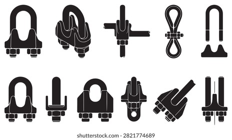 Wire Rope Clamp Hardware Vector Silhouette Collection - Cable Clip U-Bolt Fastener and Thimble Rigging Icon Pack

An essential industrial vector set highlighting steel rope clamps, cable clips, and tensioning hardware for heavy rigging applications. Formatted with high-precision solid paths, this graphics collection features wire rope U-bolts, saddle clamps, steel thimbles, cable eye loops, swage fittings, turnbuckles, and mechanical wire grips. Specifically engineered for industrial safety schematics, construction equipment manuals, wire rope manufacturing catalogs, laser cutting, and technical CNC metalworking templates without path overlap.