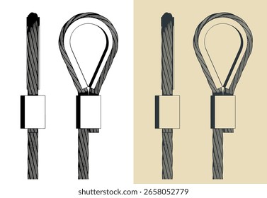 Wire Rope with pressed connector and thimble stylized vector illustrations