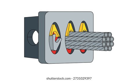 Wire rope wedge socket illustration depicts a mechanical connection system using internal wedges to firmly grip and anchor a bundle of parallel wire strands against structural load.