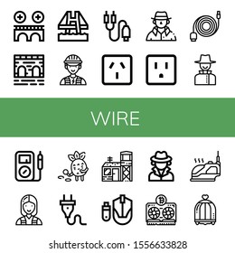 wire simple icons set. Contains such icons as Bridge, Electrician, Jack connector, Socket, Detective, Data cable, Multimeter, Plug, Military base, can be used for web, mobile and logo
