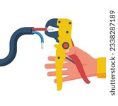 Wire strippers. Electrician holds a tool in hands. Stripping wires from insulation. Electrical work. Vector illustration flat design. Isolated on white background. 
