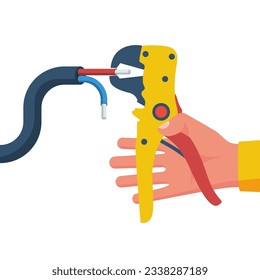 Wire strippers. Electrician holds a tool in hands. Stripping wires from insulation. Electrical work. Vector illustration flat design. Isolated on white background. 