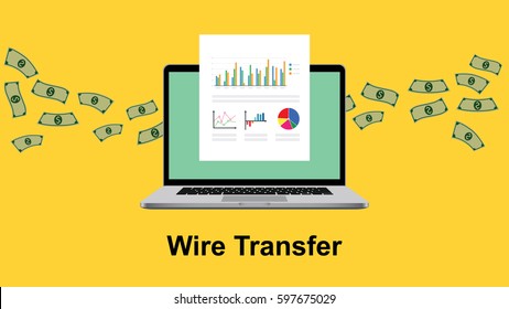 Wire Transfer Illustration With Paperwork In Front Of Laptop Screen And Flying Money As Background