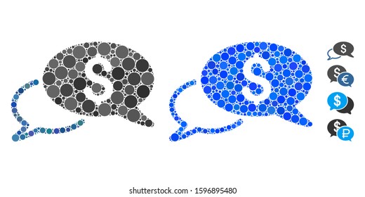 Wire transfer mosaic of small circles in variable sizes and color hues, based on wire transfer icon. Vector filled circles are grouped into blue mosaic.