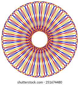 Wire wheel mandala with 6 fold rotational symmetry and 3 primary colors, red, blue, and yellow. The vector file is an AI 8 compatible eps file.
