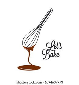 wire whisk and chocolate for bakery cooking or cake on white background