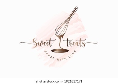 wire whisk and chocolate for bakery cooking or cake on watercolor on white background