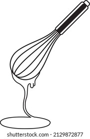 wire whisk and chocolate for bakery cooking or cake on white background, line art, balloon whisk for whisking , flat vector icon