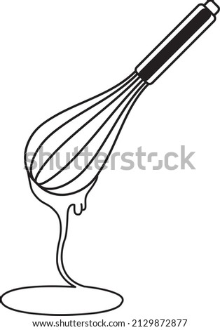 wire whisk and chocolate for bakery cooking or cake on white background, line art, balloon whisk for whisking , flat vector icon