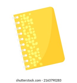 Wire-bound notebook with abstract yellow cover. Top view. Cartoon flat vector illustration isolated on white background.