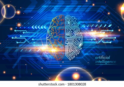 Wired brain illustration - next step to artificial intelligence and circuit board human brain. 
Concept illustration Electronic chip in form of human brain in electronic cyberspace.
