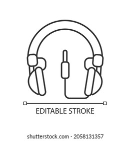 Wired circumaural headset linear icon. Professional device connected to computer and phone. Thin line customizable illustration. Contour symbol. Vector isolated outline drawing. Editable stroke