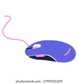 Wired computer mouse isolated on a white background. Features a smooth purple body with a light pink scroll wheel and side accents. Includes a curved pink cable attached to the front. Suitable for pc gaming, esports, and office navigation themes.