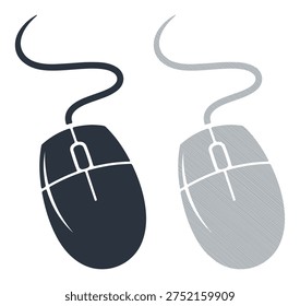 Wired computer mouse with a scroll wheel and cable; isolated on a white background