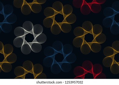 wired cones rotation flowers seamless pattern in gold blue shades on black