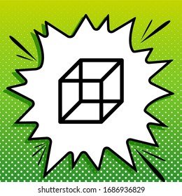 Wired cube sign. Black Icon on white popart Splash at green background with white spots. Illustration.